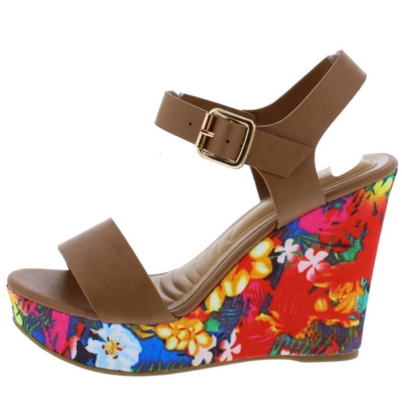 Bamboo Open Toe Vibrant Floral Wedge Heels - Picture 7 of 8